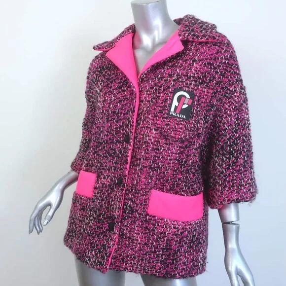 Prada Short Sleeve Tweed Puffer Jacket Pink Wool-Blend Size 38